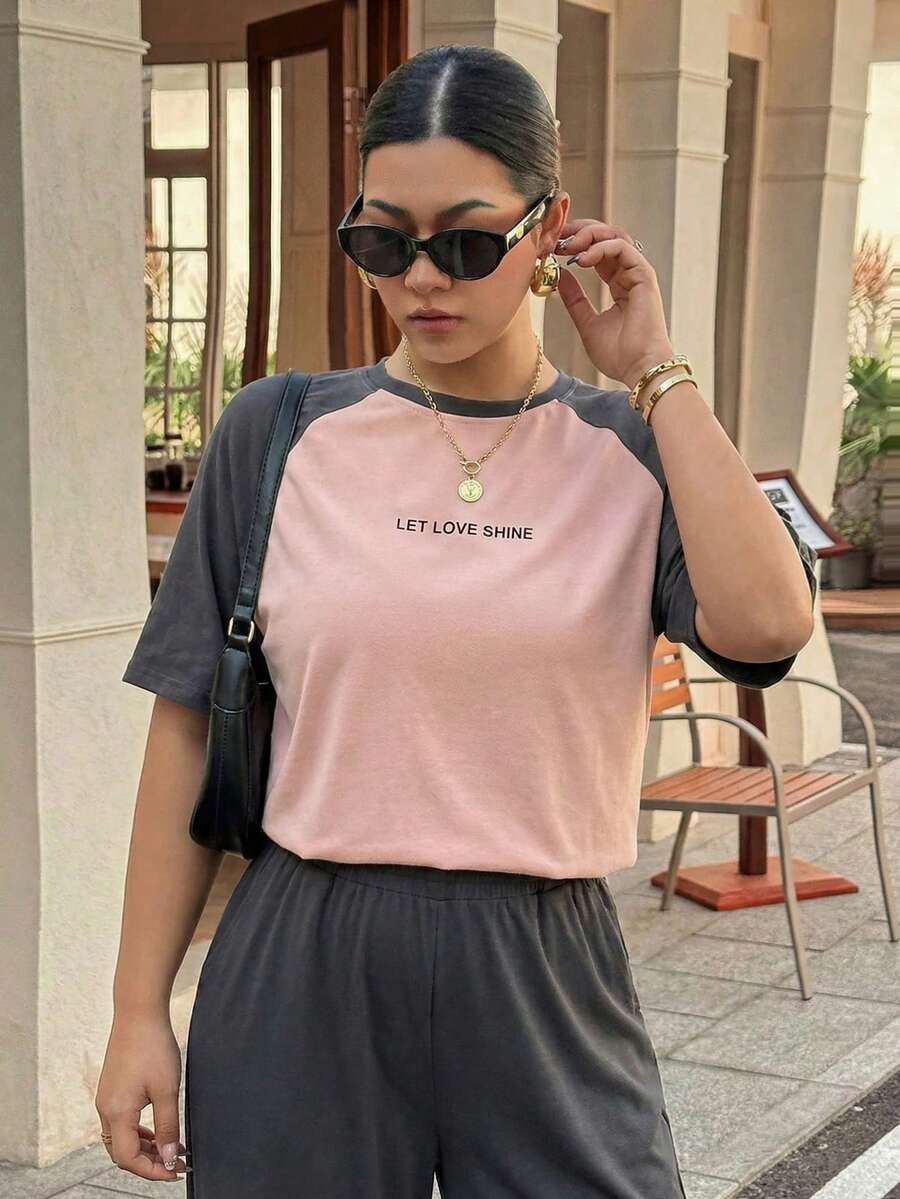 DAZY 2pcs Set Women Letter Print Raglan Sleeve Short Sleeve Loose Fitting Sleepwear/Loungewear Pajama - Pink - View 1