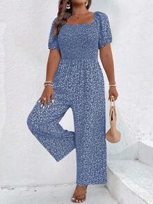 SHEIN Clasi Plus Size Ditsy Floral Square Neck Short Sleeve Jumpsuit - Blue - View 6