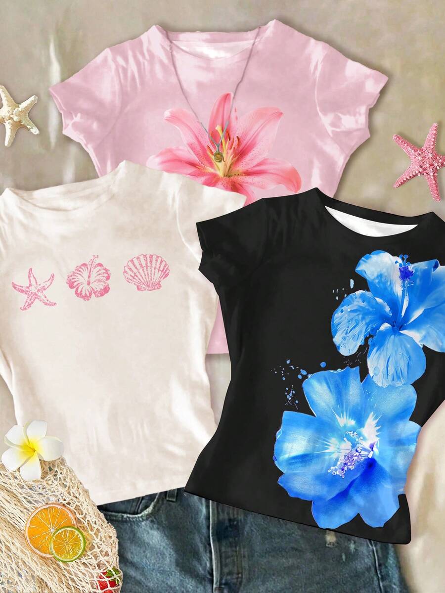 三件套多巴胺印花短袖圆领基础款T恤，黑色、米粉色、白色，休闲简约百搭，适合青少年女孩，春夏日常穿着、居家、度假皆宜。 - 彩色 - 查看 1