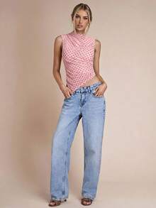 SHEIN BAE Áo tank top không tay cổ đứng chấm bi thời trang nữ, thích hợp mùa hè. - Màu Hồng baby - Xem 4