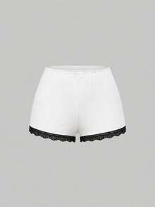 ROMWE Ribbed Lace Trim Camisole & Shorts Casual Pajama Set - Black and White - View 8