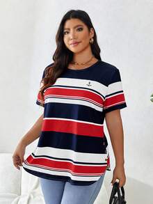 SHEIN LUNE Plus Size Summer Casual Colorblock Striped Short Sleeve T-Shirt - Multicolor - View 3