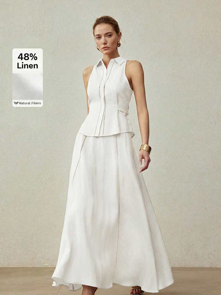 LINEN WAIST METAL BUCKLE STRAP DECOR SLEEVELESS SHIRT, SPRING/SUMMER