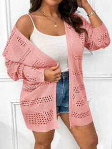Elenzga Plus Size Women Solid Color Casual Versatile Long Sleeve Cardigan Fall - Baby Pink - View 5