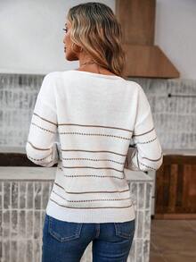SHEIN LUNE Pull décontracté à col en V rayé coloré à manches longues pour femmes, hauts à manches longues, pull tricoté pour l'automne/l'hiver - Blanc - Voir 2