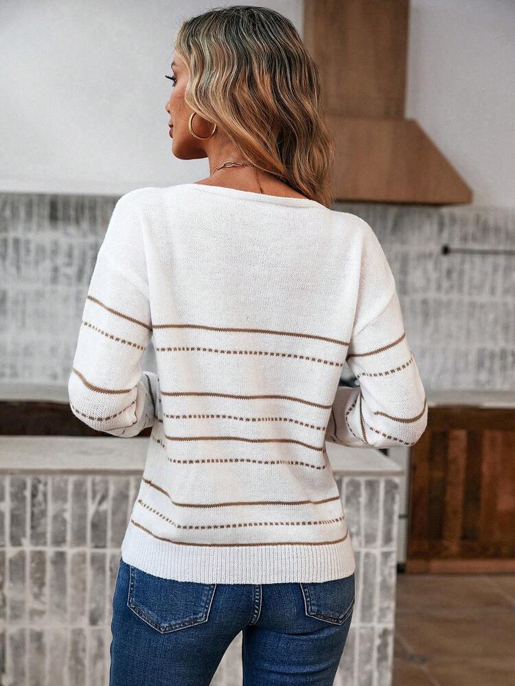 Women's V-Neck Colorful Striped Long Sleeve Casual Fashion Sweater,Long Sleeve Tops,Knitted Sweater In Fall/Winter