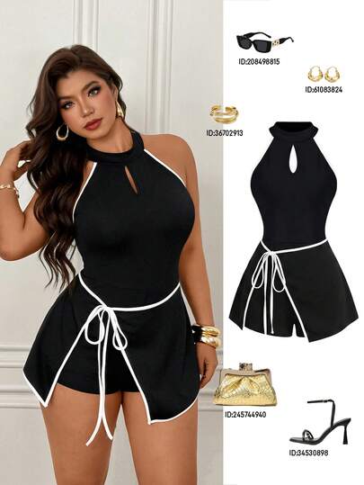 Femmeverse Bộ jumpsuit ngắn không tay cổ yếm phối màu dành cho nữ cỡ lớn, chất liệu vải dệt kim, kiểu dáng ôm sát thoải mái.
