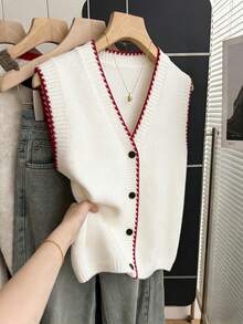 SHEIN Franclia Casual Loose V-Neck Sleeveless Knitted Contrast Trim Button Design Beige Sweater Vest For Women, Spring/Summer - Beige - View 1