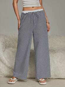 HautHeat Women's Plaid Wide Leg Loungewear Bottoms - Black and White - View 3