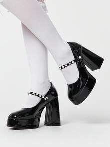 ROMWE Kawaii Sandalias de tacón para mujer 2026 de 12 cm de súper tacón alto, tacón grueso, zapatos impermeables de mesa con escote bajo, estilo nacional con hebilla de strass, zapatos de estilo Mary Jane Y2K - Negro - Ver 1