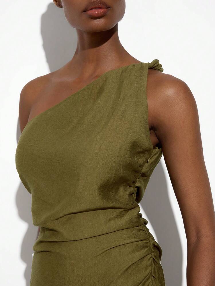 SHEIN Maija Women's Chic Olive Green One Shoulder Long Dress,Casual Side Slit Summmer Beach Dresses,Elegant Party Vacation Outfits,Ladies Special Occasion Wear