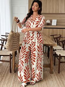 Weeklong Plus Size Women's Solid Color Leaf Print Shirt And Straight Leg Pants Casual Vacation 2-Piece Set, Spring/Summer - Multicolor - View 3