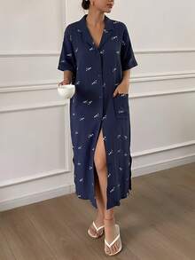 Cute Panda Pattern All Over Print Crinkle Fabric Women Nightgown Pajama, Moo Moo Night Dress - Navy Blue - View 4