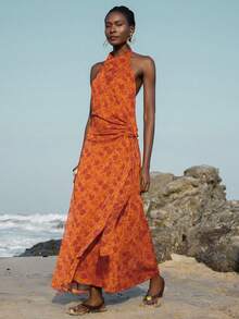 Aveloria Breezaya Vestido largo con bloque de color naranja, estampado floral aleatorio de gasa, cuello halter, fruncido, cintura con lazo, espalda descubierta, vestido maxi minimalista, elegante, vacacional, sexy, con abertura, versátil, sin mangas para fiesta - Multicolor - Ver 3