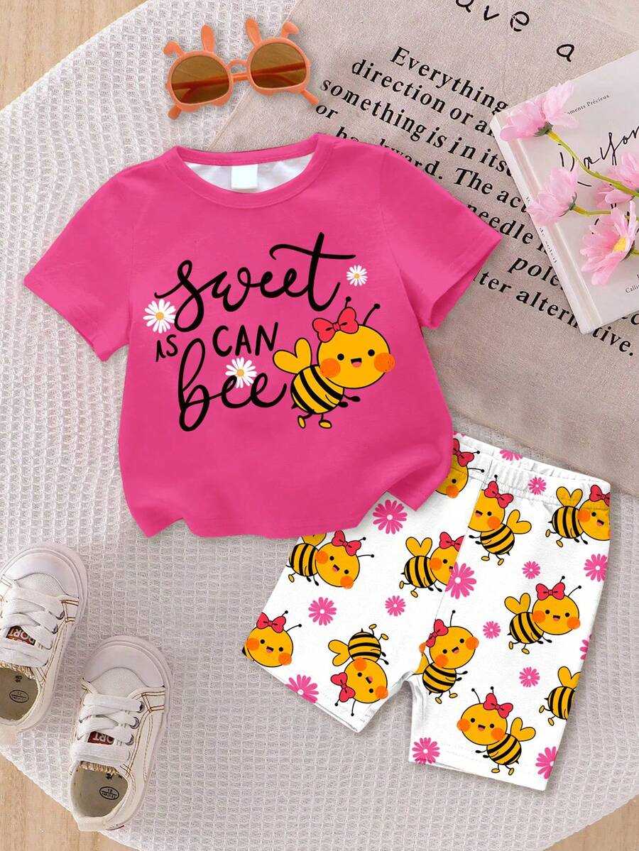 Baby Girl Letter & Cartoon Print Round Neck Short Sleeve T-Shirt And Shorts Set, Suitable For Spring/Summer, Daily Wear, Vacation, Travel - Multicolor - View 1