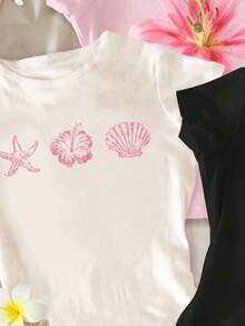 三件套多巴胺印花短袖圆领基础款T恤，黑色、米粉色、白色，休闲简约百搭，适合青少年女孩，春夏日常穿着、居家、度假皆宜。 - 彩色 - 查看 4