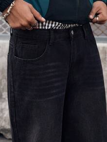 EVRINFINITE 男士休闲多口袋简约设计宽松牛仔裤 - 黑色 - 查看 5