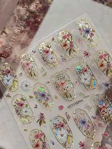 1片3D立体花朵美甲贴纸，优雅金色复古奢华巴洛克水钻自粘美甲贴，适用于亚克力指甲，DIY美甲用品及礼品装饰 - 彩色 - 查看 4