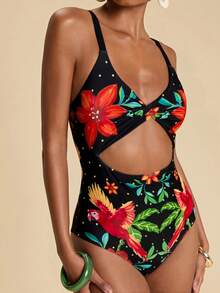 Travachic 女士度假沙滩花鸟印花扭结镂空连体泳衣 - 彩色 - 查看 6