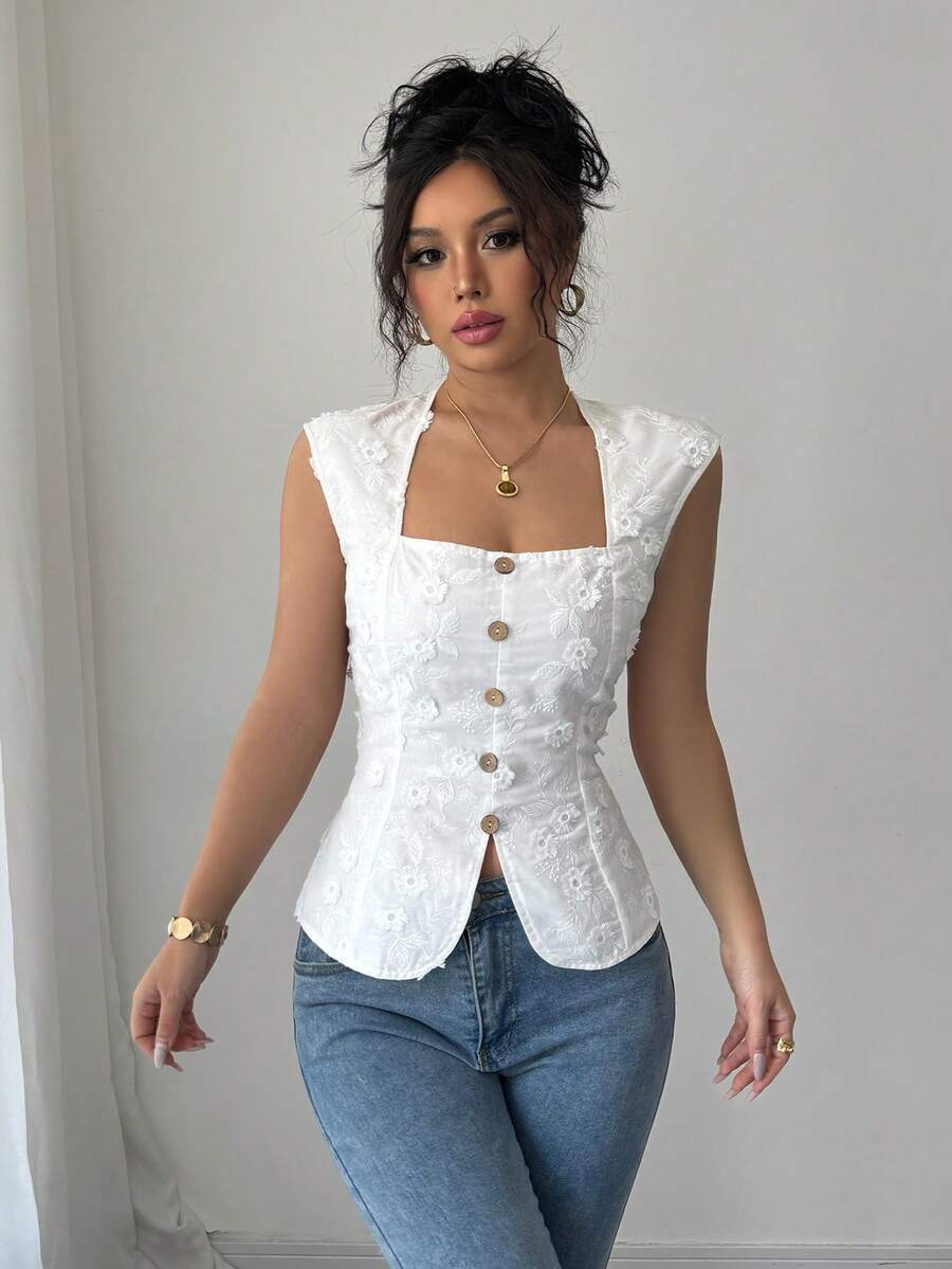Selianne Women's White Floral Summer Elegant Blouse For Dates Brunch,Beach,Vacation,Wedding,French 3D Floral Embroidery Square Neck Button Waist Blouse,Petite - White - View 1