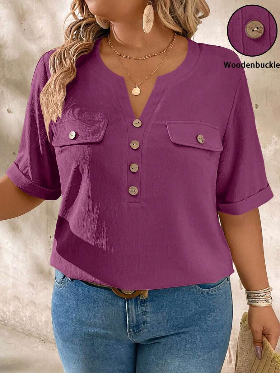 Momelise Atasan Blus Wanita Ukuran Besar Kasual dengan Kerah Berlekuk dan Hiasan Kancing Kayu, Atasan Terbaru untuk Wanita - Red Violet - View 1