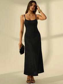 SHEIN Tall Đầm nữ màu đen tối giản, đa năng, lãng mạn, ôm eo tôn dáng, thích hợp cho hẹn hò, du lịch mùa hè. - màu đen - Xem 3