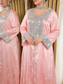 Al Najma Plus Size Women's Turkish Maxi Dress Arabic Traditional Abaya Wedding Party Light Pink Bollywood Traditional - Pink - View 3
