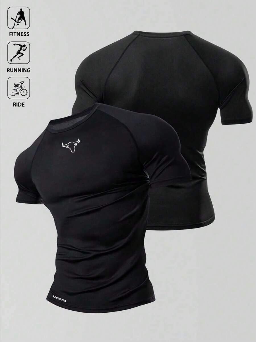 Gym Rark 男士公牛印花插肩短袖运动T恤,健身服 - 黑色 - 查看 1