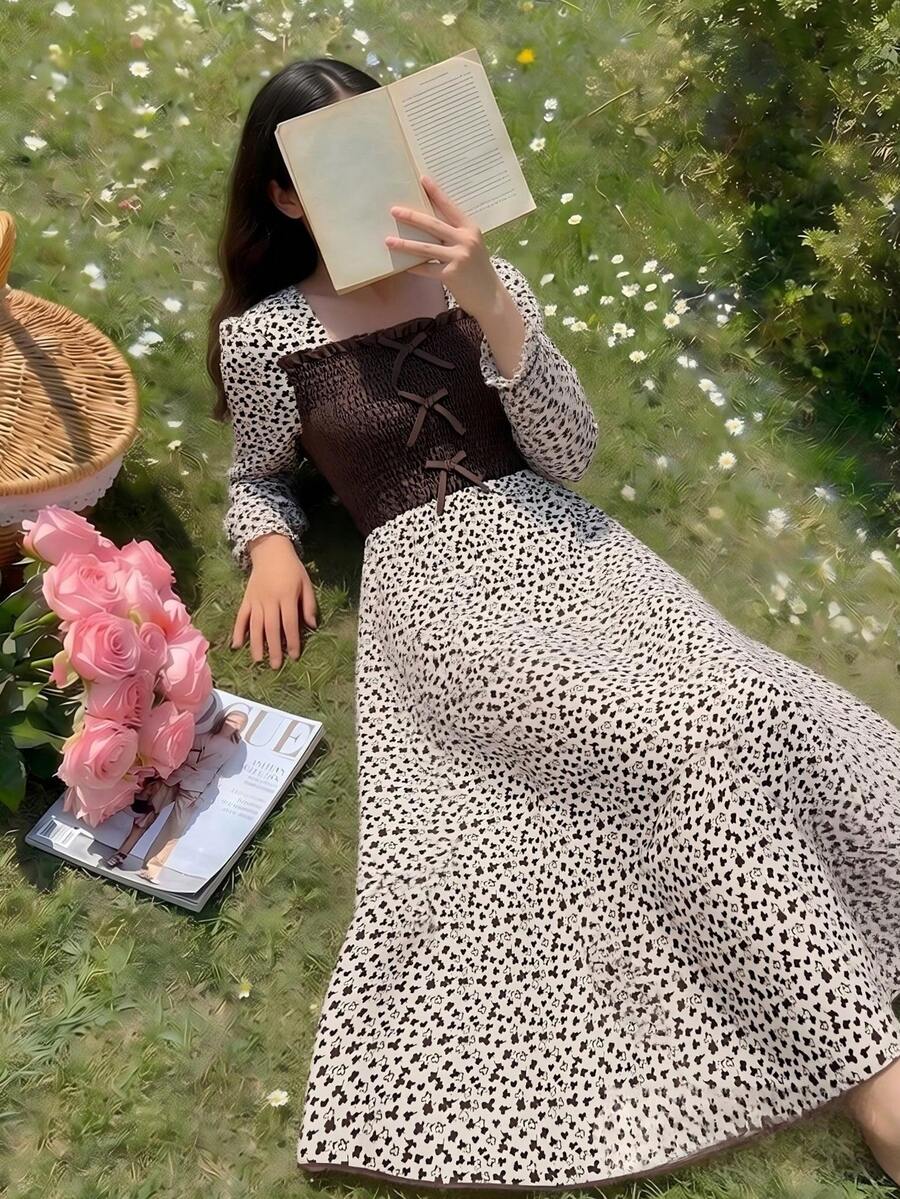 SHEIN Đầm dệt hoa thanh lịch với tay phồng và cổ vuông, đầm đi nghỉ mát thường ngày dành cho nữ sinh tuổi teen, mùa xuân/thu. - Màu be - Xem 1