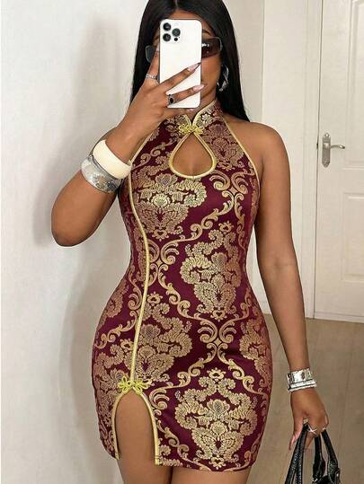 Maweii Plus Size Gold Foil Trim High Slit Dress