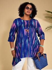 EMERY ROSE 大码女式圆领七分袖不对称下摆休闲白衬衫，春夏秋季女装 - 彩色 - 查看 4