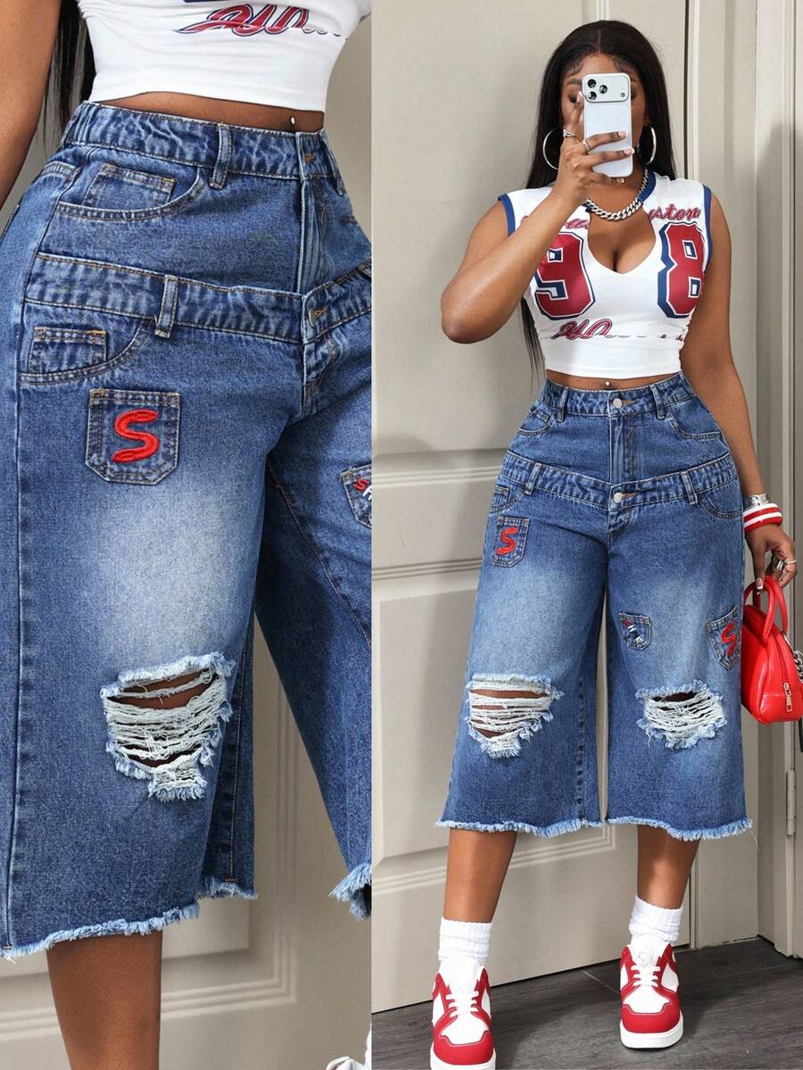 BamGleam 女士休闲百搭做旧牛仔七分裤，双腰带设计，带口袋和纽扣 - 藍色 - 查看 1