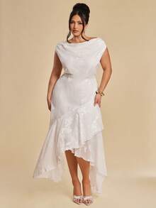 SHEIN BAE Đầm cỡ lớn màu trơn, cổ xếp ly, vạt bất đối xứng, chất liệu jacquard, eo thắt. - trắng - Xem 7