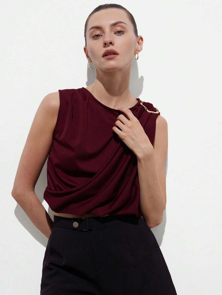 Aveloria Modichic Modischer, vielseitiger Metall-Schnallen-Dekor, einfarbiges gestricktes ärmelloses Top für Frauen, europäischer und amerikanischer Stil für Frühling/Sommer - Bordeaux - Übersicht 1