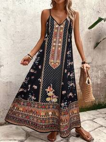 Breezaya New Summer Dress: Daily Dress, Vacation Dress, Ditsy Floral Paisley & Cashew Flower Pattern. This Vacation-Style Fashion Item Features Loose A-Line Silhouette, V-Neck, Spaghetti Strap Dress, Long Summer Dress, Bohemian Dress, Nomadic Dress, Summer Dress, Music Festival Dress - Multicolor - View 7