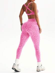 Dewbera Bộ đồ thể thao nữ họa tiết da báo gồm áo ngực và quần legging, thích hợp cho yoga, chạy bộ và tập thể dục. - Màu Hồng Tươi - Xem 3