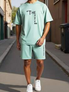 SHEIN 青少年男童绿色简约宽松撞色字母印花圆领短袖T恤短裤套装，休闲舒适，百搭，适合日常穿着、上学、郊游、户外活动、音乐节、假期、海滩度假，尽显夏日风情，适合春夏穿着。 - 綠色 - 查看 8