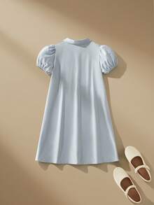 SHEIN 1件少女时尚3D立体花卉设计甜美修身泡泡袖连衣裙，夏季 - 藍色 - 查看 2