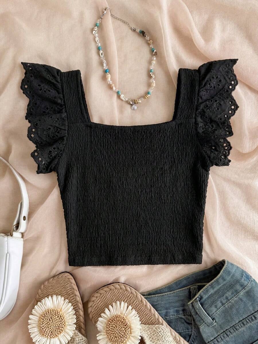 SHEIN Tween Girls' Casual Cute Black Summer Boho Vacation Holiday Patchwork Embroidery Lace Textured Knit Fitted Square Neck Top Vacation - Black - View 1