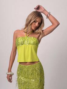 Opulessa Áo yếm dự tiệc đi biển dành cho nữ, đính sequin và phối nhiều mảnh. - màu xanh lá - Xem 7