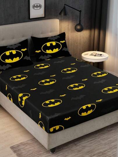 BATMAN X SHEIN Conjunto de colchão de 3 peças, estampa de desenho animado preto, decoração de morcego, ideal para decoração de quartos, material de microfibra, lavável à máquina, adequado para todas as estações.