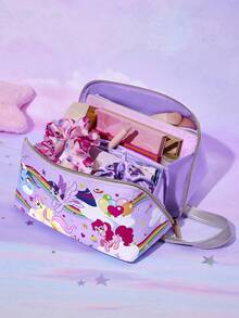 My Little Pony X SHEIN 1 件装卡通印花大容量扁平可展开 PU 皮革化妆包，多功能收纳包，小物件收纳包，旅行收纳包，数码收纳包，适合日常携带小物件、旅行、工作、化妆或学习，适合女性和学生，彩虹小马、暮光闪闪、柔柔、碧琪 - 紫色 - 查看 2
