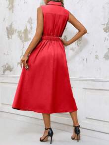 EMERY ROSE 女士纯色简约日常 A 字形无袖连衣裙新年衣服长款女装 - 紅色 - 查看 3