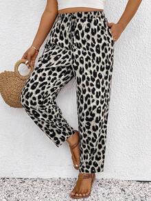 SHEIN Frenchy Plus Size Leopard Print Casual Pants, Summer Trousers, Vacation Trousers,Women N Beachwear, Boho/Bohemian Women's Clothing, Daily Fashion Fall - Grey - View 1