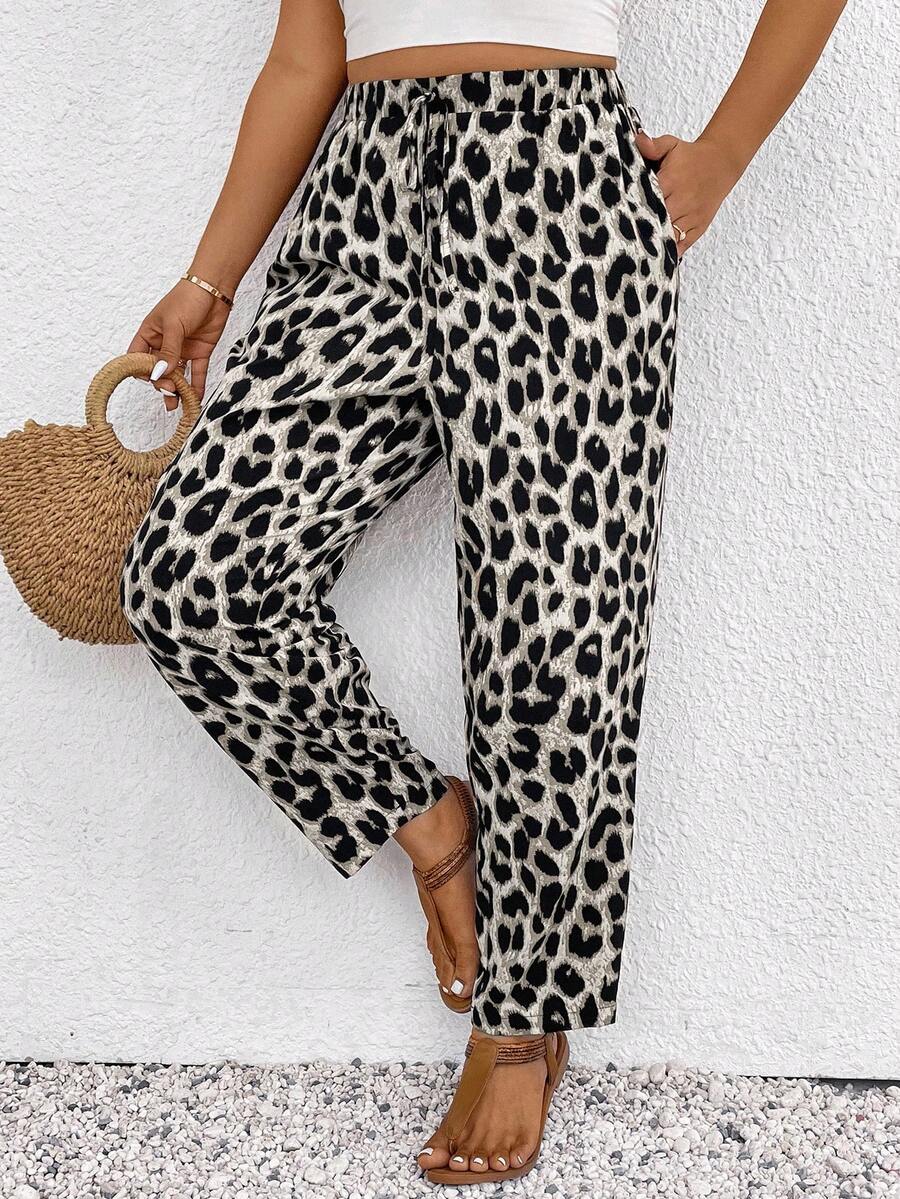 SHEIN Frenchy Plus Size Leopard Print Casual Pants, Summer Trousers, Vacation Trousers,Women N Beachwear, Boho/Bohemian Women's Clothing, Daily Fashion Fall - Grey - View 1