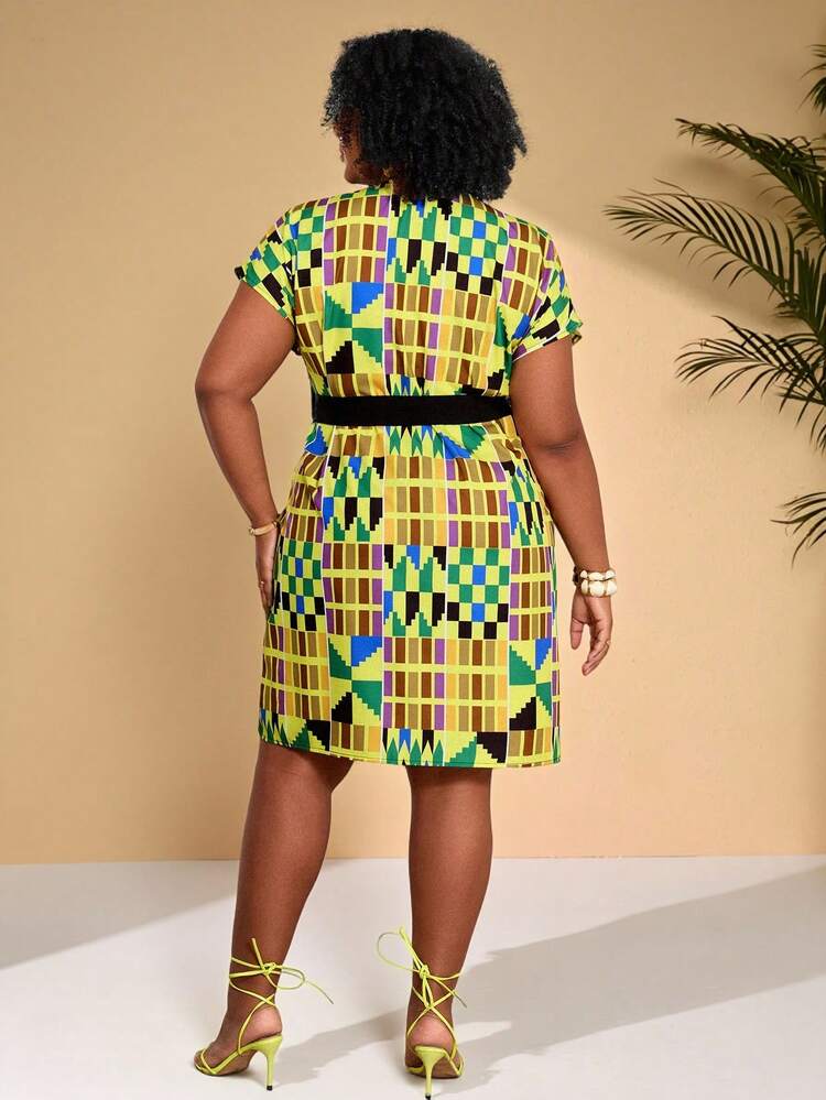 Plus Size Women V-Neck Geometric Print Patchwork Waist Tie Design Casual Vacation Dress\Summer Plus Size Women Dresses Bubu Dress African  Summer Dress  Summer Outfits Summer Clothes Spring Dress Spring Outfit Women Spring Clothing Country Style For Women Country Dress For Women Vacation Outfits Women  Festival Outfits For Women Beach Outfits For Women