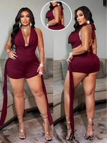 NU&NOW Women's Draped Neck Backless Sleeveless Top And Tight Shorts Set,Plus Size 2-Piece Burgundy Club Outfits,Summer 70's Party Rave Beach Romper - Burgundy - View 1
