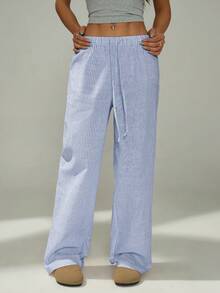 SHEIN Tall CURVE 大码女式抽绳腰带条纹休闲百搭阔腿裤，适合日常穿着 - 藍白色 - 查看 3