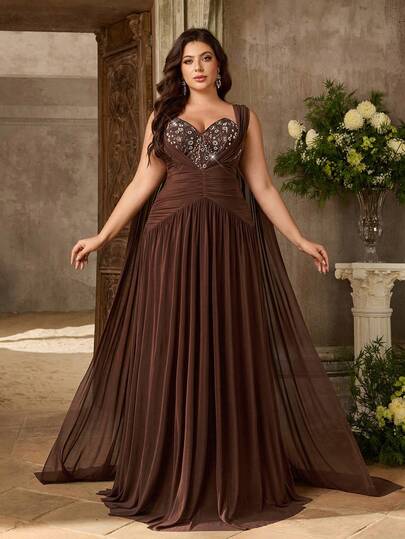 Aureia Đầm cỡ lớn sang trọng, thanh lịch, đính cườm, thêu họa tiết, phối nhiều mảnh, chất liệu satin co giãn, cổ tim, vạt bất đối xứng, xếp ly, thích hợp cho tiệc tối, dạ hội, đám cưới, kỳ nghỉ (Thiết kế đính kết cầu kỳ)