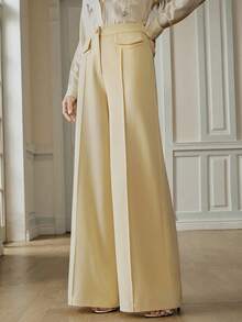 Anewsta New Modern Casual Light Yellow Patch Pocket Wide Leg Elegant Office Commute Versatile Women Suit Pants - Light Yellow - View 6